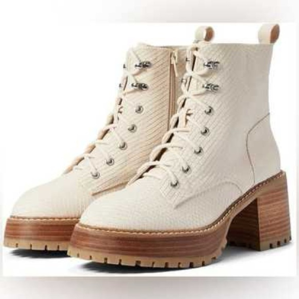 Cream Chunky Heel Combat Boots Size 7.5 Platform Lug Sole Neutral